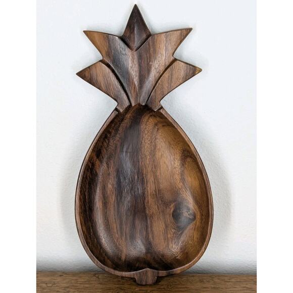 Monkey Pod Wood Pineapple Trinket Dish Bowl Spoon Rest Made Philippines 6" x 12" - Picture 1 of 6